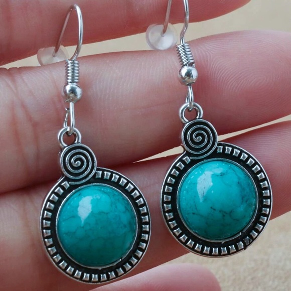 Any 3/$25! Antiqued Silver Round Turquoise Drop Earrings - Picture 1 of 5